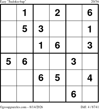 The grouppuzzles.com Easy Sudoku-6up puzzle for Friday August 14, 2026