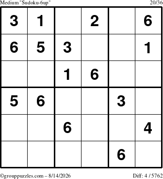 The grouppuzzles.com Medium Sudoku-6up puzzle for Friday August 14, 2026