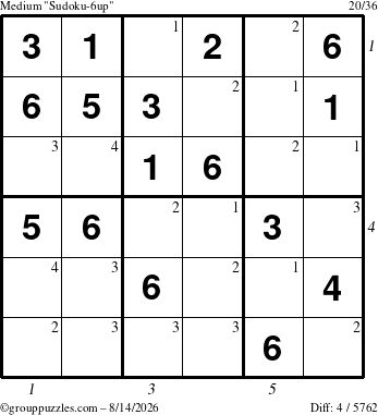 The grouppuzzles.com Medium Sudoku-6up puzzle for Friday August 14, 2026, suitable for printing, with all 4 steps marked