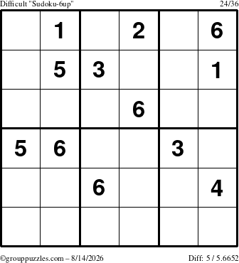 The grouppuzzles.com Difficult Sudoku-6up puzzle for Friday August 14, 2026