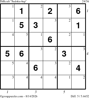 The grouppuzzles.com Difficult Sudoku-6up puzzle for Friday August 14, 2026, suitable for printing, with all 5 steps marked