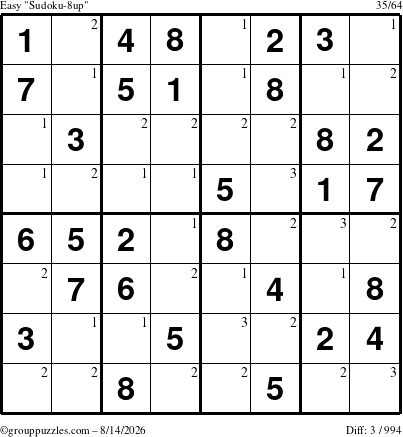 The grouppuzzles.com Easy Sudoku-8up puzzle for Friday August 14, 2026 with the first 3 steps marked