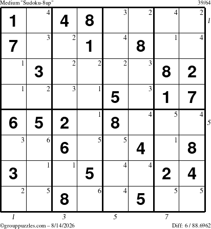The grouppuzzles.com Medium Sudoku-8up puzzle for Friday August 14, 2026 with all 6 steps marked