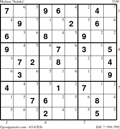 The grouppuzzles.com Medium Sudoku puzzle for Friday August 14, 2026, suitable for printing, with all 7 steps marked