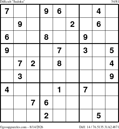 The grouppuzzles.com Difficult Sudoku puzzle for Friday August 14, 2026