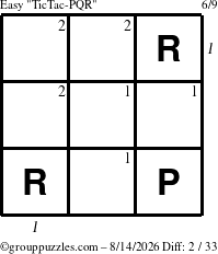 The grouppuzzles.com Easy TicTac-PQR puzzle for Friday August 14, 2026 with all 2 steps marked