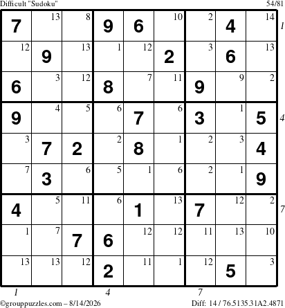 The grouppuzzles.com Difficult Sudoku puzzle for Friday August 14, 2026, suitable for printing, with all 14 steps marked