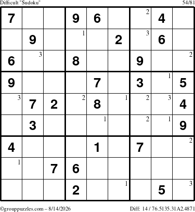 The grouppuzzles.com Difficult Sudoku puzzle for Friday August 14, 2026 with the first 3 steps marked