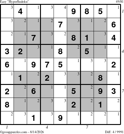 The grouppuzzles.com Easy HyperSudoku puzzle for Friday August 14, 2026 with all 4 steps marked