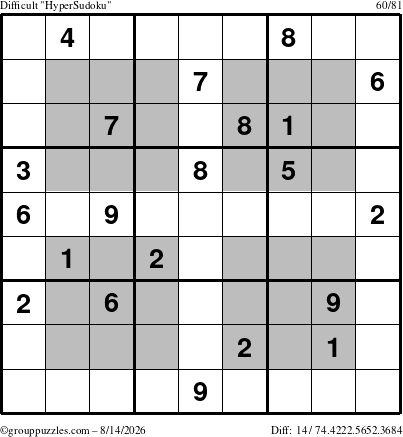 The grouppuzzles.com Difficult HyperSudoku puzzle for Friday August 14, 2026