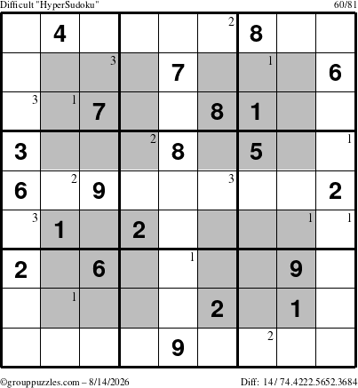 The grouppuzzles.com Difficult HyperSudoku puzzle for Friday August 14, 2026 with the first 3 steps marked
