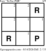 The grouppuzzles.com Easy TicTac-PQR puzzle for Friday August 14, 2026 with the first 2 steps marked