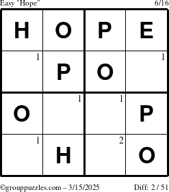 The grouppuzzles.com Easy Hope puzzle for Saturday March 15, 2025 with the first 2 steps marked