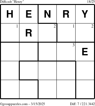 The grouppuzzles.com Difficult Henry puzzle for Saturday March 15, 2025 with the first 3 steps marked