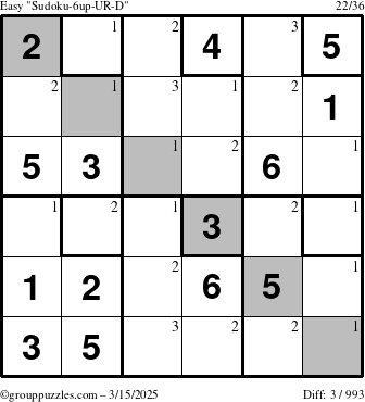 The grouppuzzles.com Easy Sudoku-6up-UR-D puzzle for Saturday March 15, 2025 with the first 3 steps marked