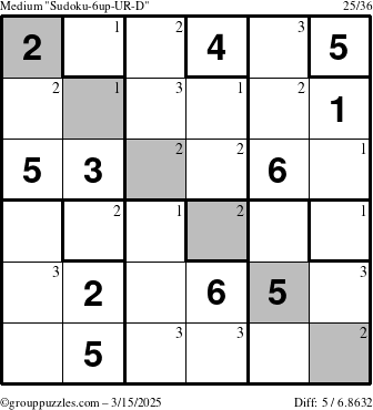 The grouppuzzles.com Medium Sudoku-6up-UR-D puzzle for Saturday March 15, 2025 with the first 3 steps marked
