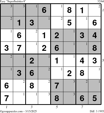 The grouppuzzles.com Easy SuperSudoku-8 puzzle for Saturday March 15, 2025 with all 3 steps marked