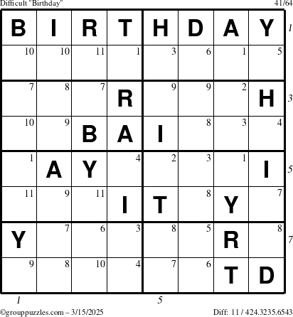 The grouppuzzles.com Difficult Birthday puzzle for Saturday March 15, 2025, suitable for printing, with all 11 steps marked