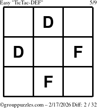 The grouppuzzles.com Easy TicTac-DEF puzzle for Tuesday February 17, 2026