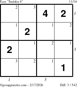 The grouppuzzles.com Easy Sudoku-4 puzzle for Tuesday February 17, 2026, suitable for printing, with all 3 steps marked