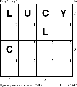The grouppuzzles.com Easy Lucy puzzle for Tuesday February 17, 2026 with all 3 steps marked