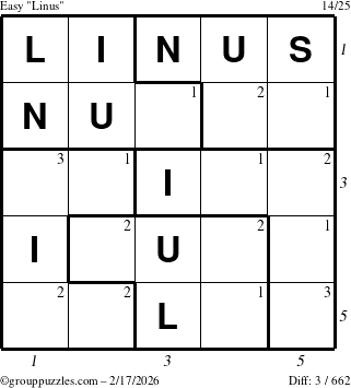 The grouppuzzles.com Easy Linus puzzle for Tuesday February 17, 2026 with all 3 steps marked