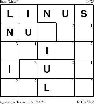 The grouppuzzles.com Easy Linus puzzle for Tuesday February 17, 2026 with the first 3 steps marked