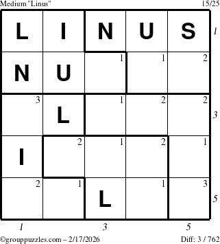 The grouppuzzles.com Medium Linus puzzle for Tuesday February 17, 2026, suitable for printing, with all 3 steps marked