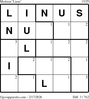 The grouppuzzles.com Medium Linus puzzle for Tuesday February 17, 2026 with the first 3 steps marked