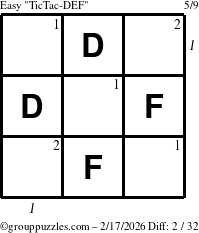 The grouppuzzles.com Easy TicTac-DEF puzzle for Tuesday February 17, 2026, suitable for printing, with all 2 steps marked