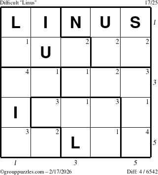 The grouppuzzles.com Difficult Linus puzzle for Tuesday February 17, 2026 with all 4 steps marked
