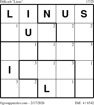 The grouppuzzles.com Difficult Linus puzzle for Tuesday February 17, 2026 with the first 3 steps marked