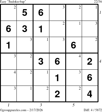 The grouppuzzles.com Easy Sudoku-6up puzzle for Tuesday February 17, 2026 with all 4 steps marked