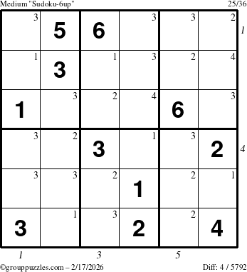 The grouppuzzles.com Medium Sudoku-6up puzzle for Tuesday February 17, 2026 with all 4 steps marked