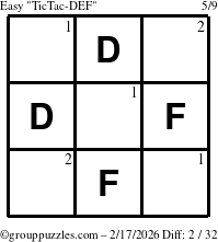 The grouppuzzles.com Easy TicTac-DEF puzzle for Tuesday February 17, 2026 with the first 2 steps marked