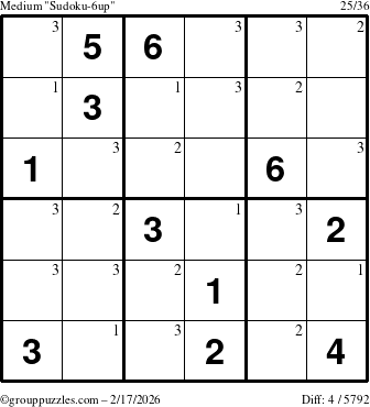 The grouppuzzles.com Medium Sudoku-6up puzzle for Tuesday February 17, 2026 with the first 3 steps marked
