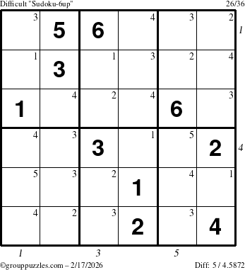 The grouppuzzles.com Difficult Sudoku-6up puzzle for Tuesday February 17, 2026 with all 5 steps marked