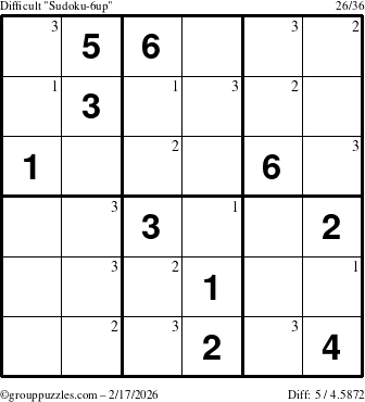 The grouppuzzles.com Difficult Sudoku-6up puzzle for Tuesday February 17, 2026 with the first 3 steps marked