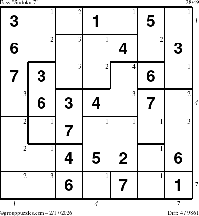 The grouppuzzles.com Easy Sudoku-7 puzzle for Tuesday February 17, 2026, suitable for printing, with all 4 steps marked