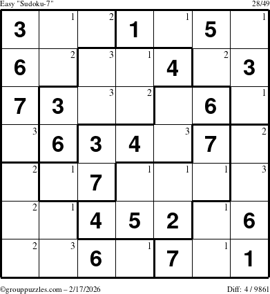 The grouppuzzles.com Easy Sudoku-7 puzzle for Tuesday February 17, 2026 with the first 3 steps marked