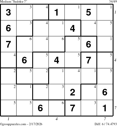 The grouppuzzles.com Medium Sudoku-7 puzzle for Tuesday February 17, 2026, suitable for printing, with all 6 steps marked