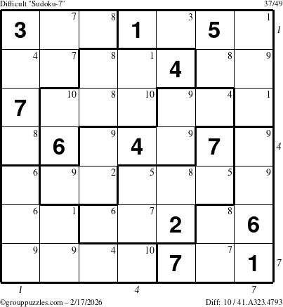 The grouppuzzles.com Difficult Sudoku-7 puzzle for Tuesday February 17, 2026 with all 10 steps marked