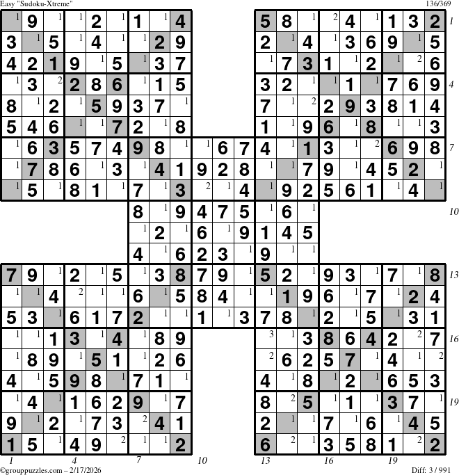 The grouppuzzles.com Easy Sudoku-Xtreme puzzle for Tuesday February 17, 2026, suitable for printing, with all 3 steps marked