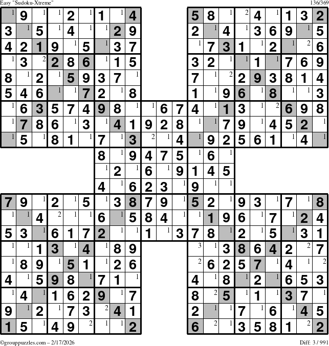 The grouppuzzles.com Easy Sudoku-Xtreme puzzle for Tuesday February 17, 2026 with the first 3 steps marked