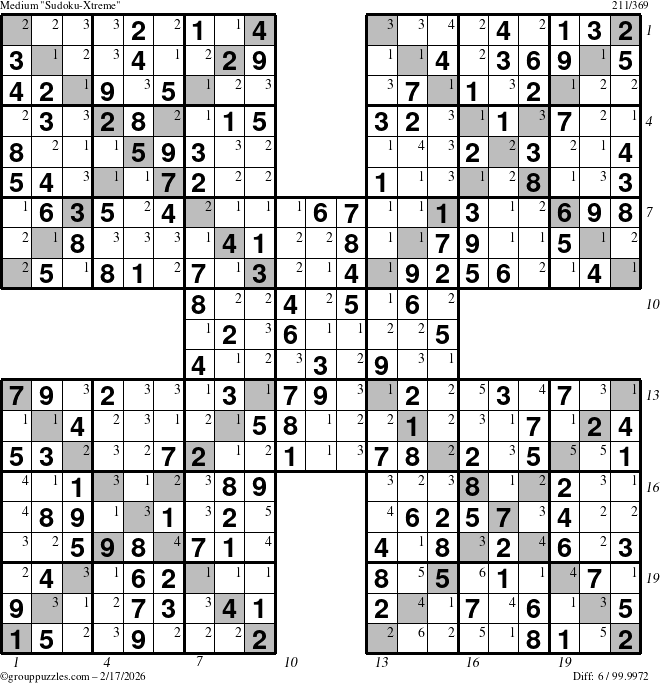 The grouppuzzles.com Medium Sudoku-Xtreme puzzle for Tuesday February 17, 2026, suitable for printing, with all 6 steps marked
