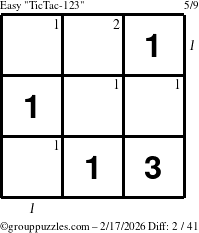 The grouppuzzles.com Easy TicTac-123 puzzle for Tuesday February 17, 2026 with all 2 steps marked