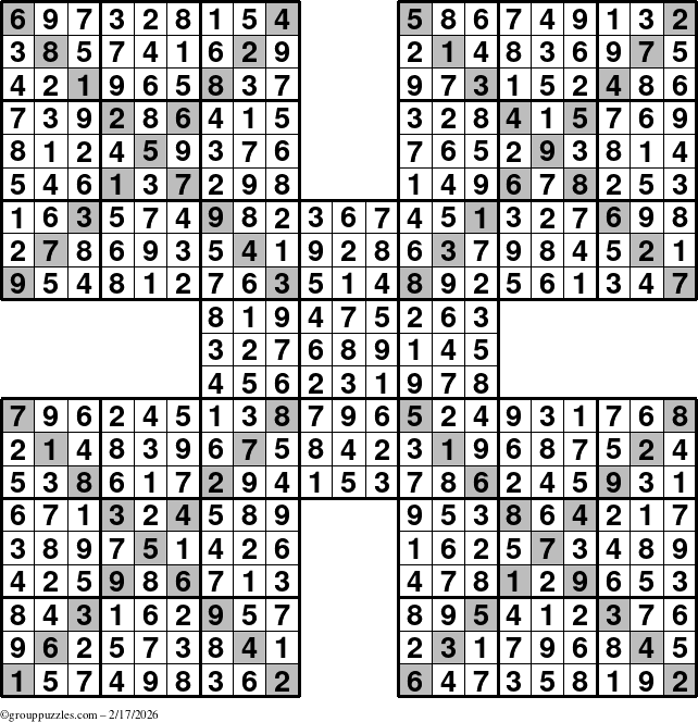 The grouppuzzles.com Answer grid for the Sudoku-Xtreme puzzle for Tuesday February 17, 2026