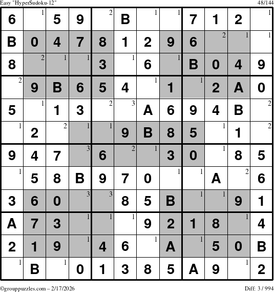 The grouppuzzles.com Easy HyperSudoku-12 puzzle for Tuesday February 17, 2026 with the first 3 steps marked
