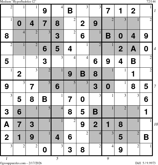 The grouppuzzles.com Medium HyperSudoku-12 puzzle for Tuesday February 17, 2026 with all 5 steps marked
