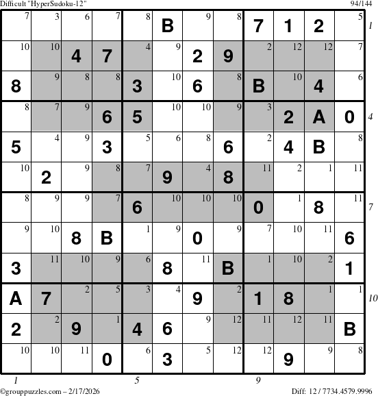 The grouppuzzles.com Difficult HyperSudoku-12 puzzle for Tuesday February 17, 2026 with all 12 steps marked